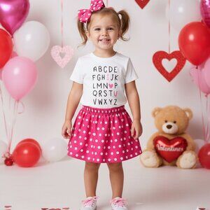 Girl’s Valentine’s Day Outfit – ABC I Love You Shirt, Pink Polka Dot Skirt & Bow